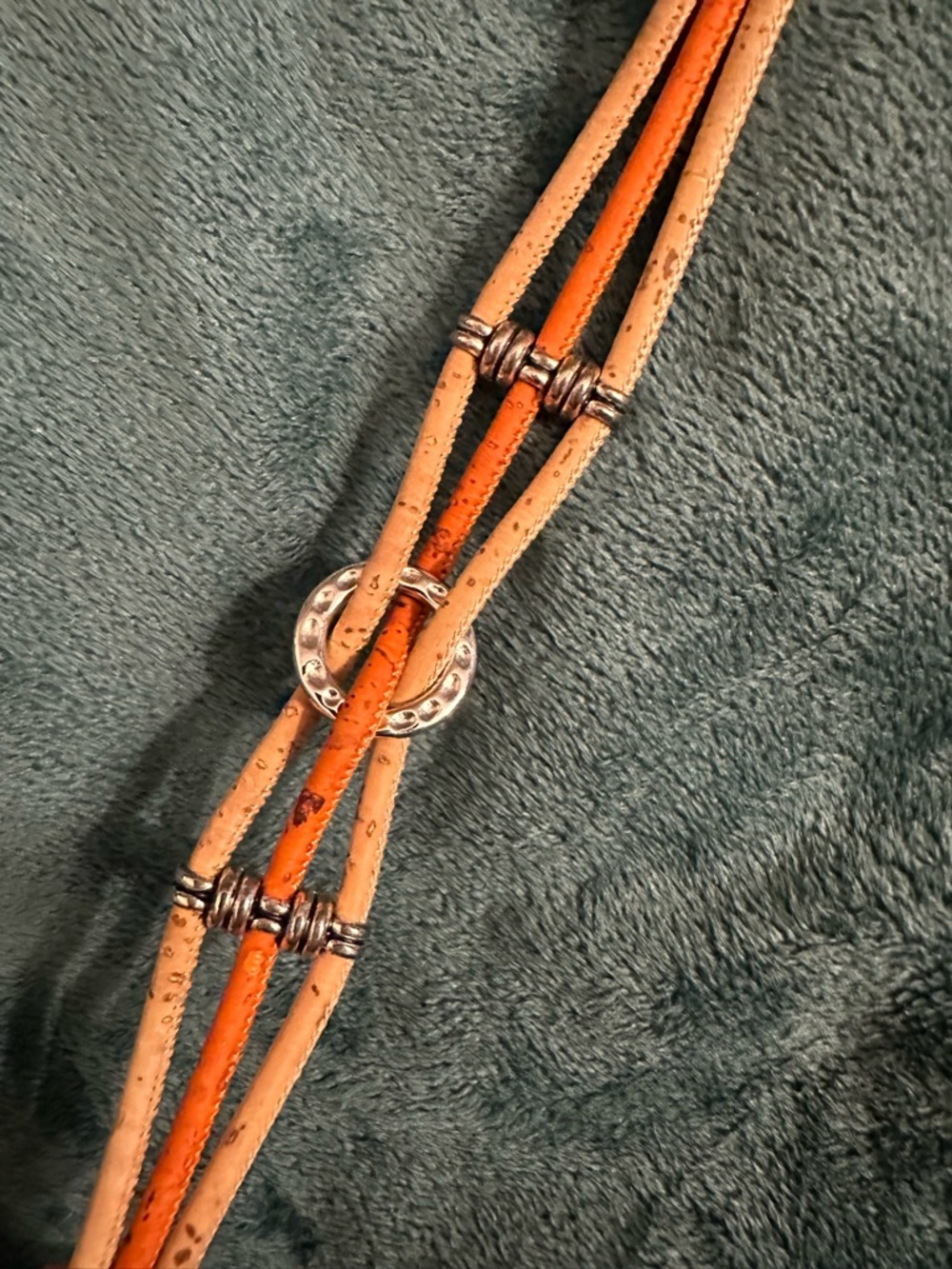 Triple Strand Cork Leather Bracelet in Natural and Orange with magnetic closure